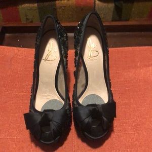 Women’s black beaded lace peep toe heels with bow